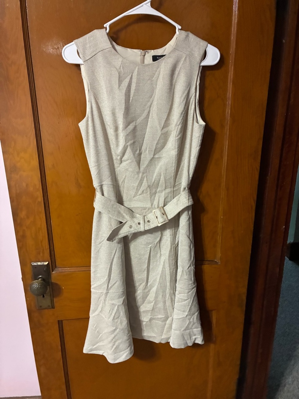 🌻 2/$25 - White House Black Market Sleeveless Cream Belted Midi Dress